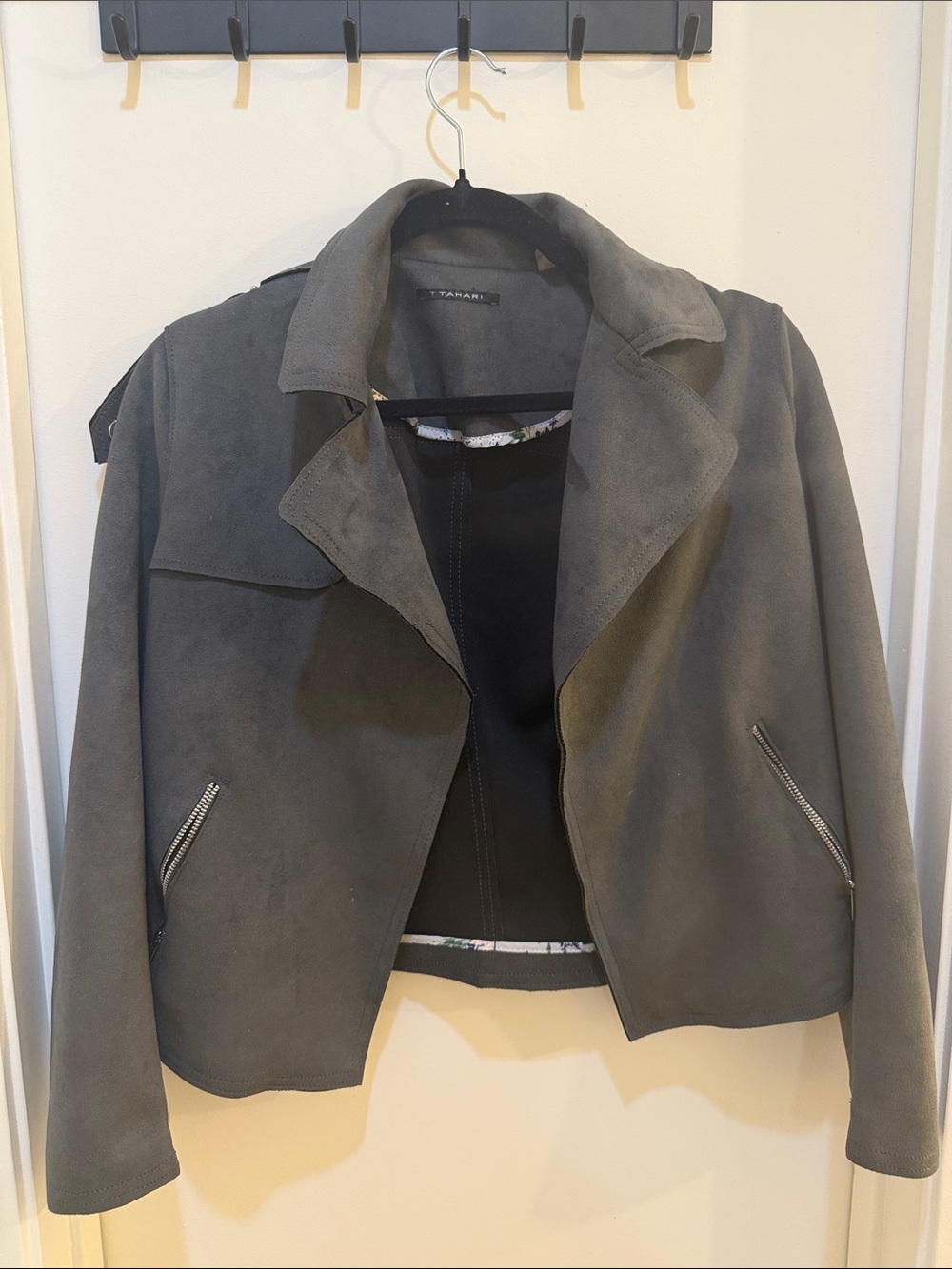 Tahari Grey Suede Moto Jacket
